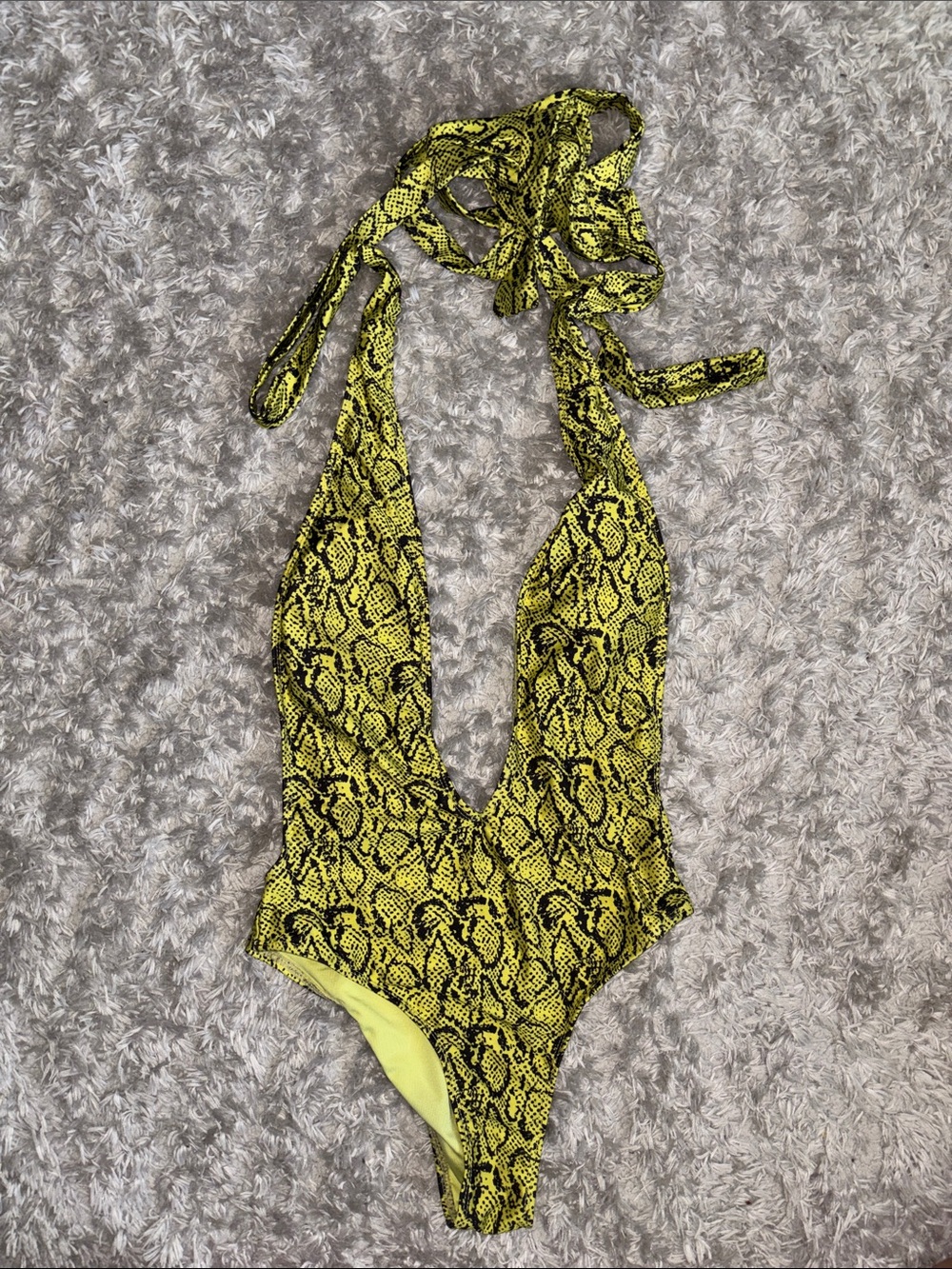 Fashion Nova Yellow Snake-Print Halter One-Piece Swimsuit